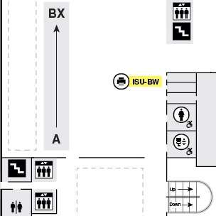 Highlighted black and white printer with queue name ISU-BW in open area midway between women's restroom and tier elevator.